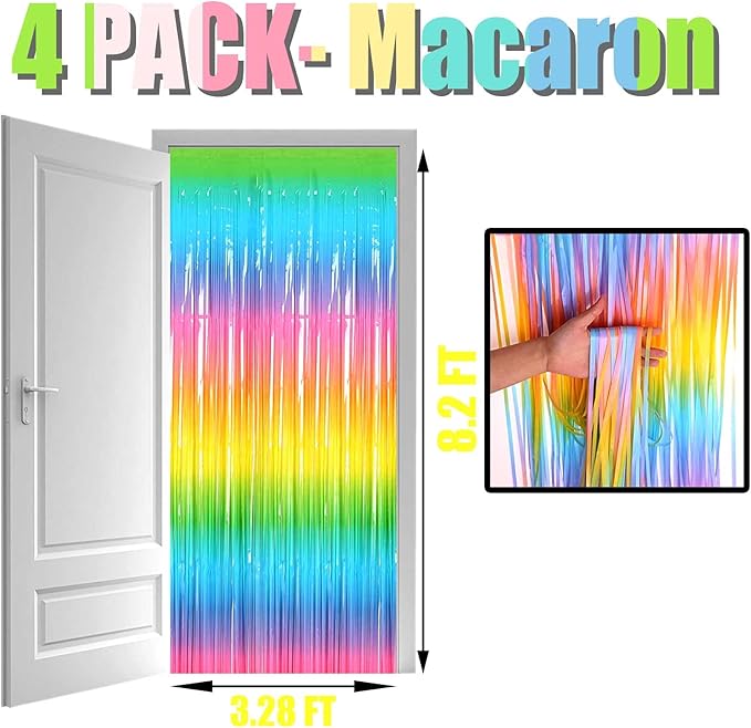 4 Pack Macaron Rainbow Foil Fringe Curtain Backdrop, 3.28Ft x 8.2Ft Metallic - Image 2