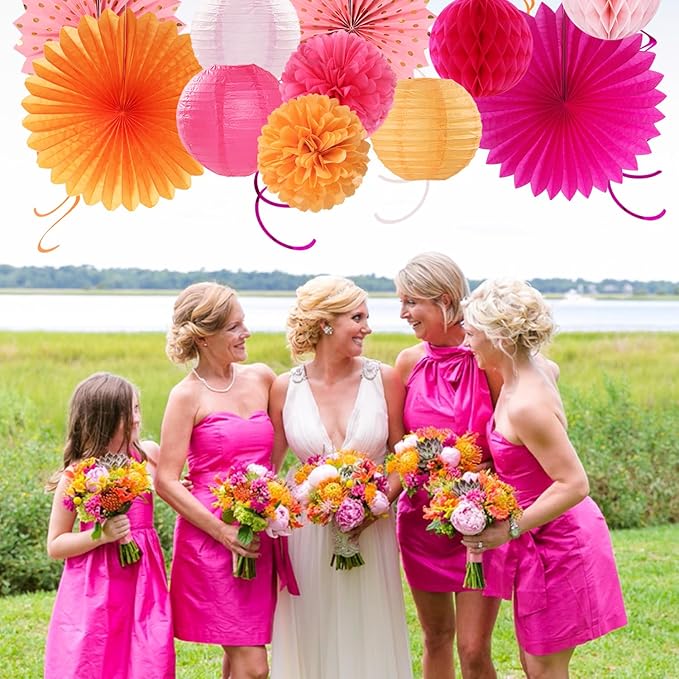 Pink-Orange Fall Party-Decorations Paper-Flowers Lanterns - Image 5