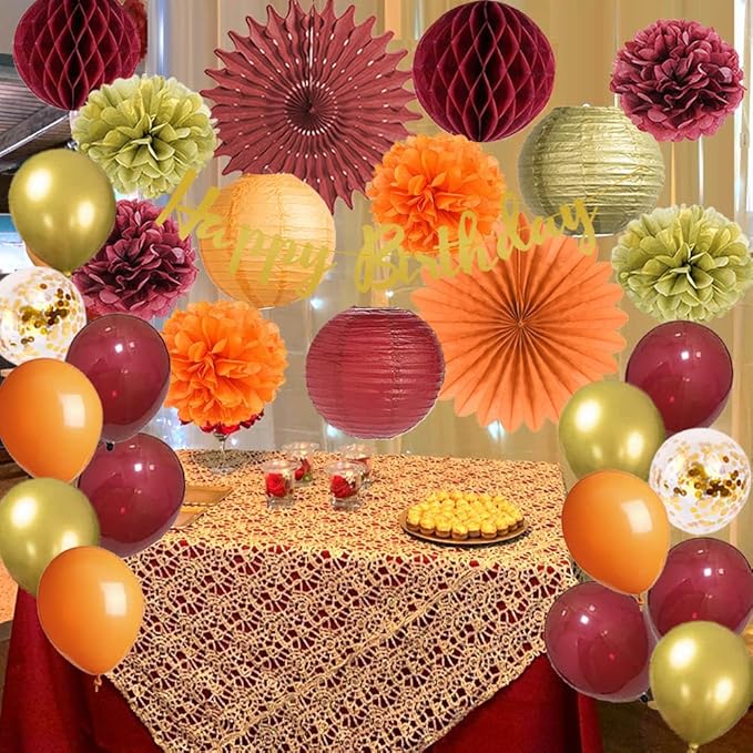 Fall Birthday Decorations Burgundy and Orange Party Decorations Pom Poms - Image 3