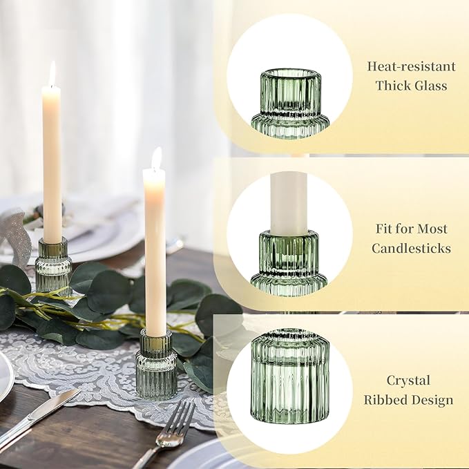 Hewory Glass Taper Candle Holders: 10 PCS Green Vintage Candle Holder - Image 4