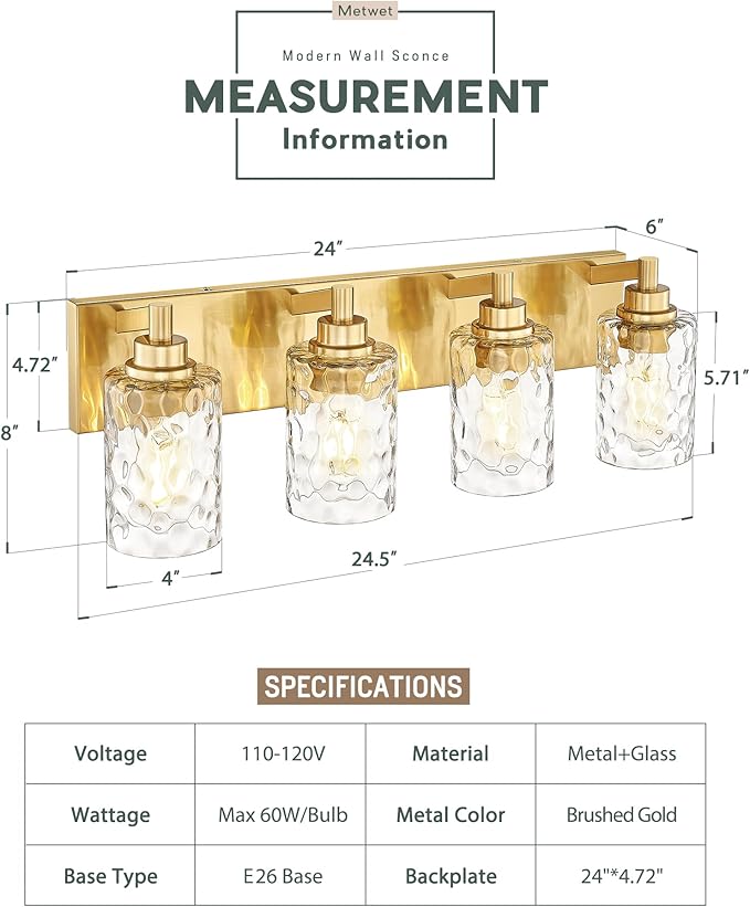 4-Light Bathroom Light Fixtures, 24.5 Inch Brushed Gold Vanity Lights - Image 2