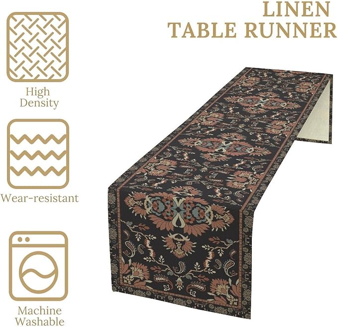 Boho Paisley Farmhouse Table Runner, Vintage Red Blue Retro Flower Rustic - Image 5