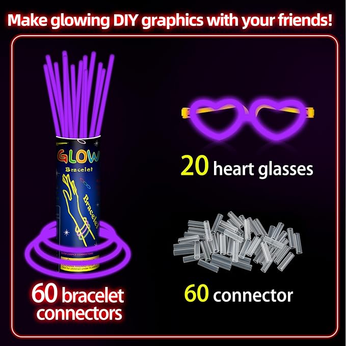 60 Pack 8” Purple Glow Sticks Bulk Bright Glow Sticks - Image 2