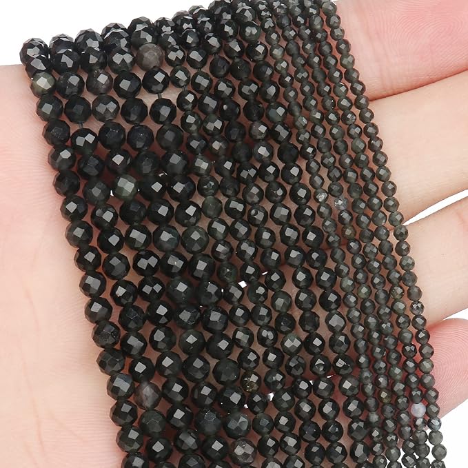 Song Xi 180pcs 2mm Natural Obsidian Gemstone Beads Faceted Round Loose Stone by SongXi