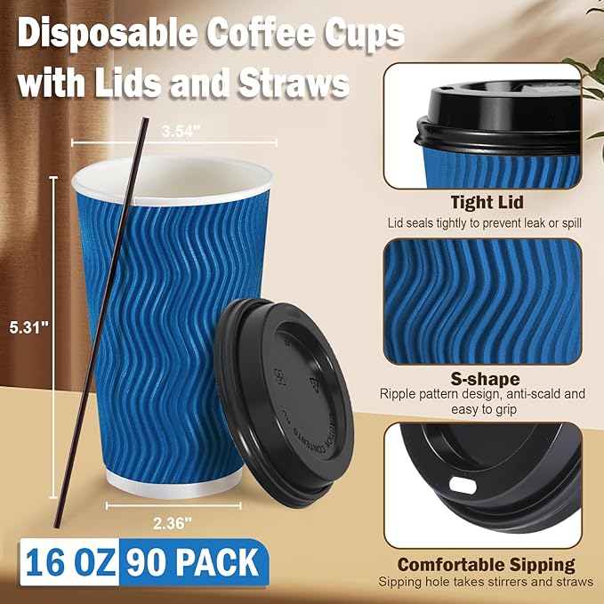 SIUQ 16 oz Coffee Cups-90 Pack Disposable Coffee Cups - Image 2
