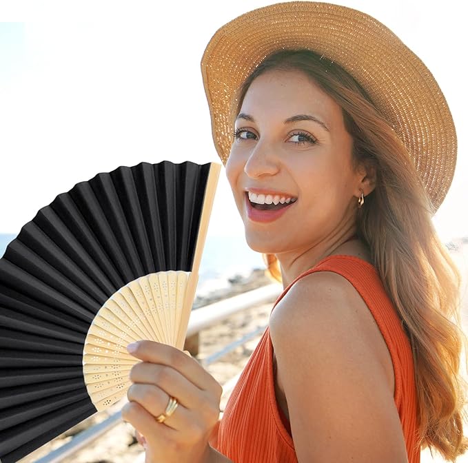 6 Pieces Black Hand Held Bamboo Folding Fans Foldable Paper Fans Handheld - Image 7