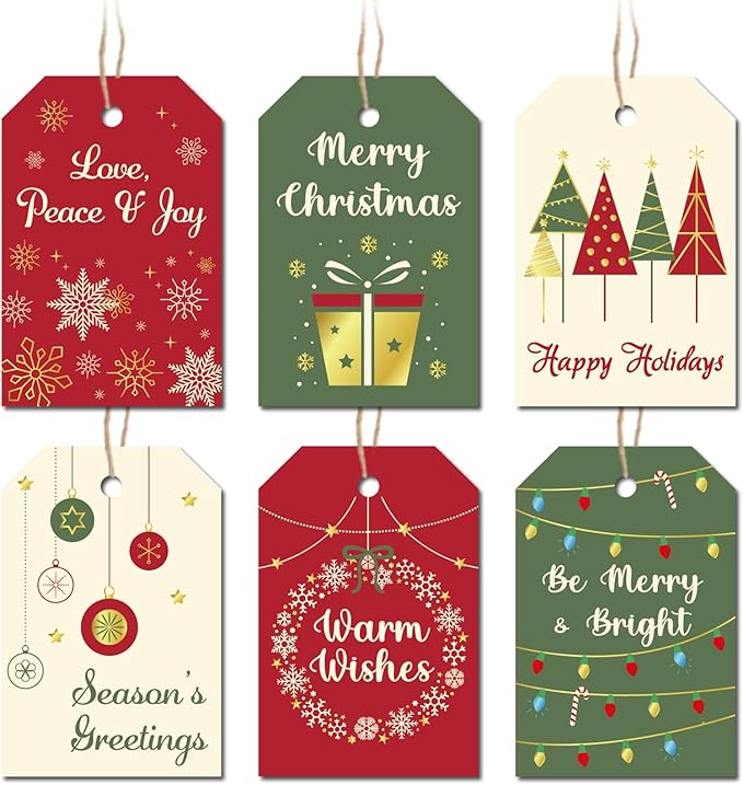 Christmas Gift Tags with String, 6 Styles by GRADESIN