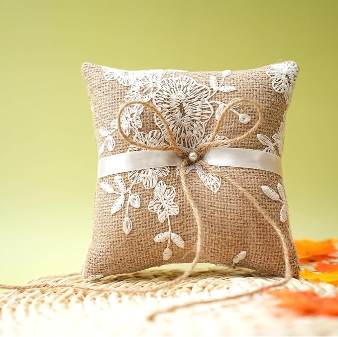 QIRMIZI 2PC Vintage Rustic Burlap Ring Bearer Pillow - Image 5