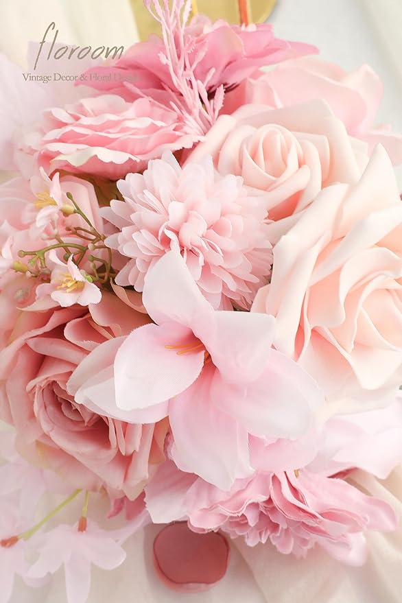 Floroom Blush Pink Artificial Flowers Fake Roses Peonies Dahlias and Greenery - Image 5