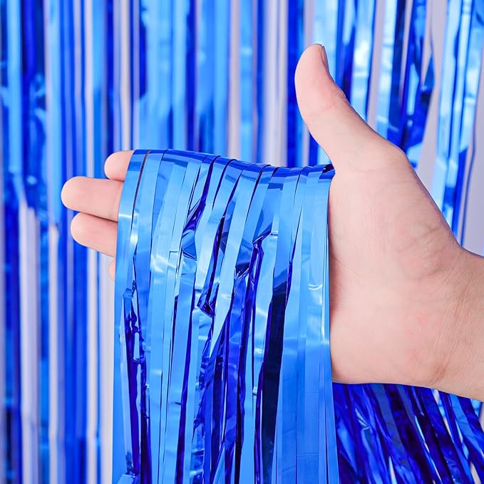 4 Pack Blue Foil Fringe Backdrop Curtains, Tinsel Streamers Birthday Party - Image 2