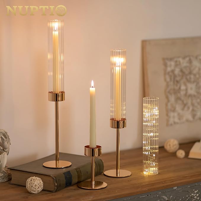 NUPTIO Hurricane Glass Candles Holder: 18 Pcs Gold Taper Candle Stick Holder - Image 4