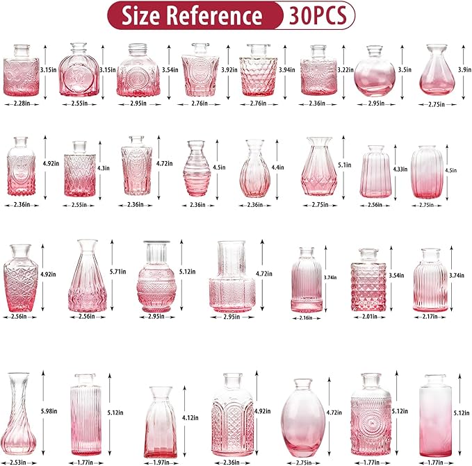 Pink Glass Bud Vase Set of 30, Small Flower Vases in Bulk, Mini Vintage Vases - Image 2