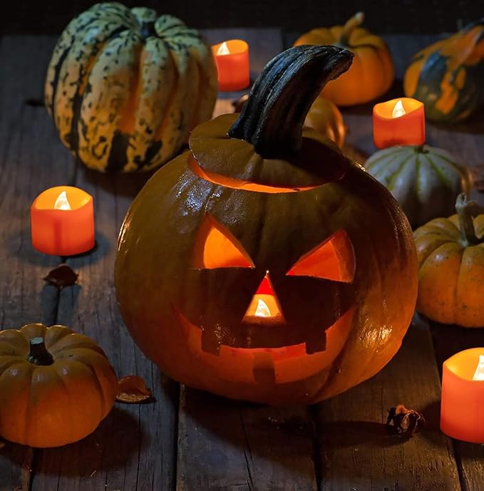 BEICHI 24 Pack Halloween Tea Lights, Realistic Orange Tea Candles, Battery - Image 3