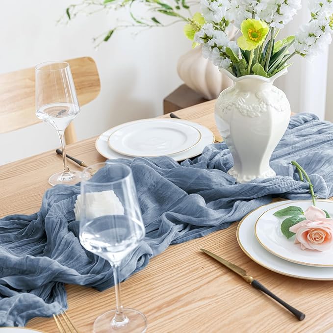 Asee'm 12pcs Cheesecloth Table Runner 120 Inches Long Dusty Blue Boho Gauze - Image 5