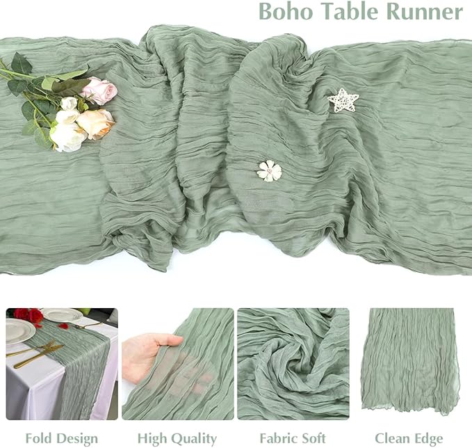 Sage Green Cheesecloth Table Runner -21*120Inch Long Boho Wedding Table Decor - Image 3