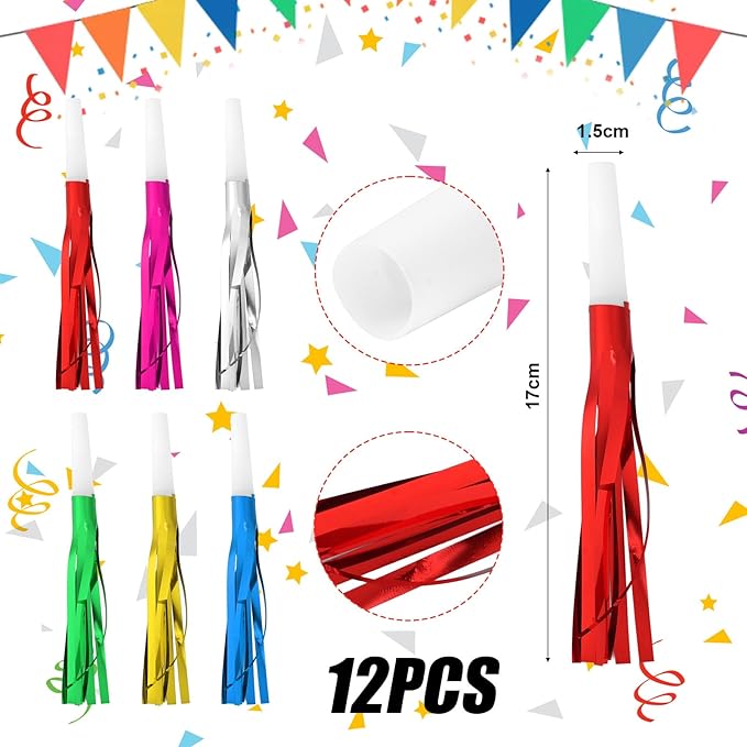 12pcs Glitter Fringed Party Blowers, Colorful Birthday Blow Horns Funny Noise - Image 2