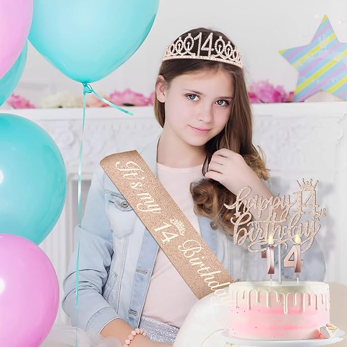 14th Birthday Decorations for Girls Including Birthday Sash and Tiara, Candles - Image 2