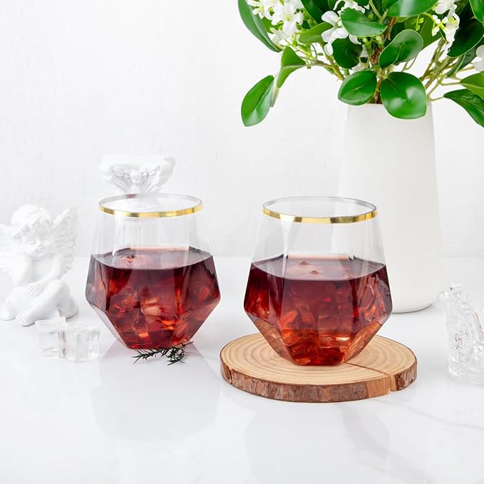 LUODA Gold Diamond Shaped Plastic Stemless Wine Glasses Set of 24, Disposable - Image 6