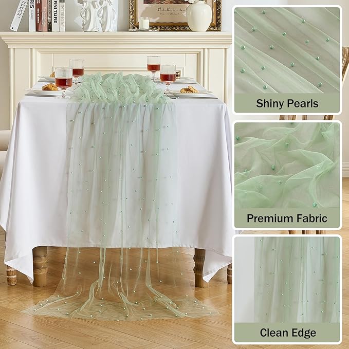 Fanami 1 Pack Pearl Table Runner -10FT Sage Green Boho Tulle Table Runners 120 - Image 3