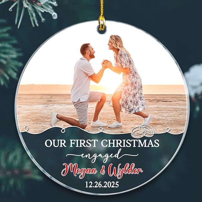Our First Christmas Engaged Ornament, Customized Name Date & Photo Couple Just by BixDori