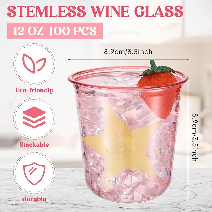 100 Pcs Disposable Stemless Glasses 12oz Crystal Plastic Wine Glasses Clear - Image 3