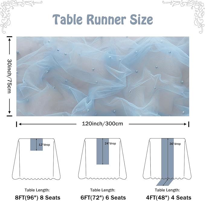 Fanami 3 Pack Pearl Table Runner -10FT Dusty Blue Boho Tulle Table Runners 120 - Image 4