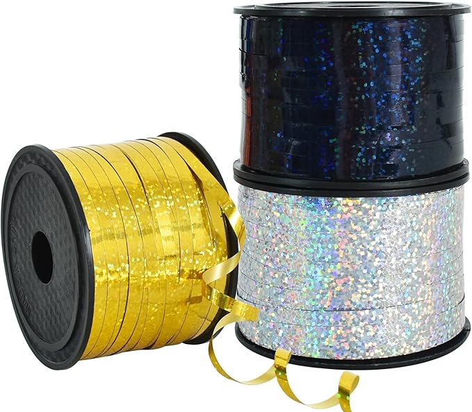 BEISHIDA 3 Pack 100 Yards Gold Silver Black Curling Crimped Glitter Ribbon by Beishida