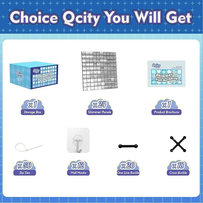 Qcity Silver Shimmer Wall Backdrop 24PCS, Square Sequin Glitter Backdrop Panel - Image 2