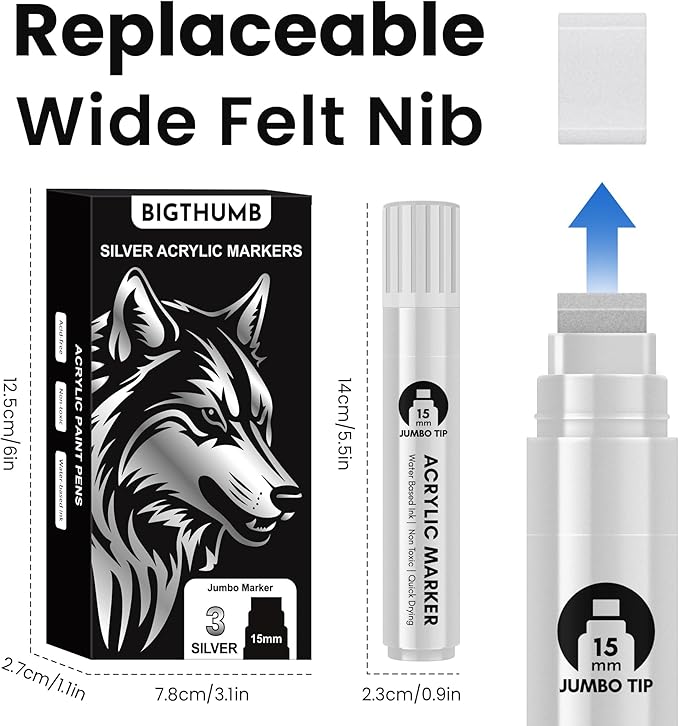 3 Pcs Silver Jumbo Permanent Markers: 15mm Wide Tip Thick Acrylic Paint Pen - Image 5