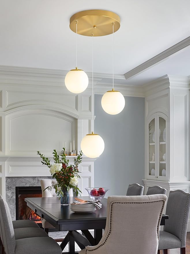 3-Lights Globe Glass Pendant Light Modern Gold White Globe Glass Chandelier Mid - Image 2