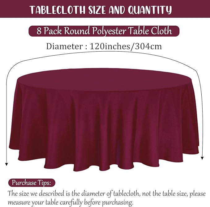 8 Pack Premium Round Tablecloth 120 Inch Round Table Covers Bulk Washable - Image 2