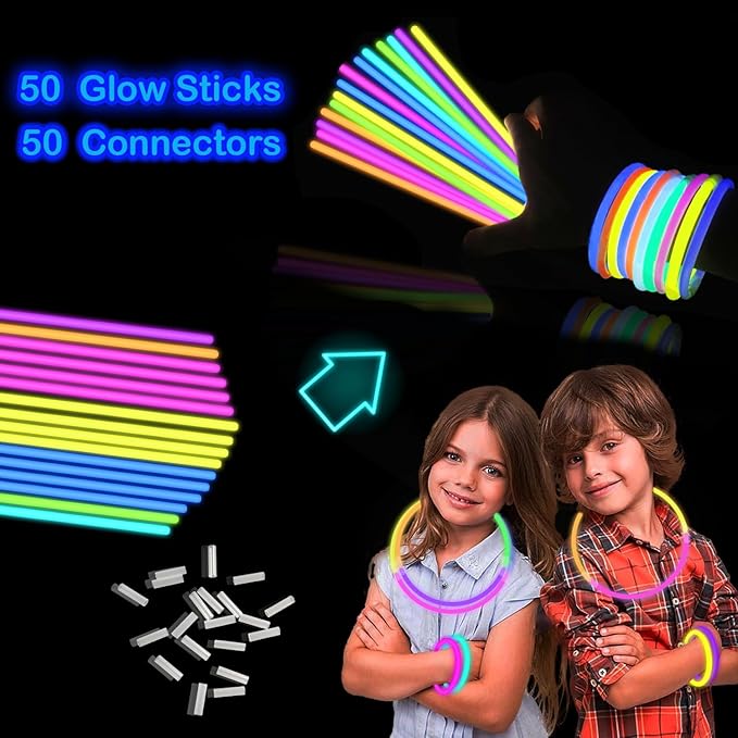 Halloween Glow Sticks Party Pack 8"-50, Light up Bracelets & Necklaces - Image 2