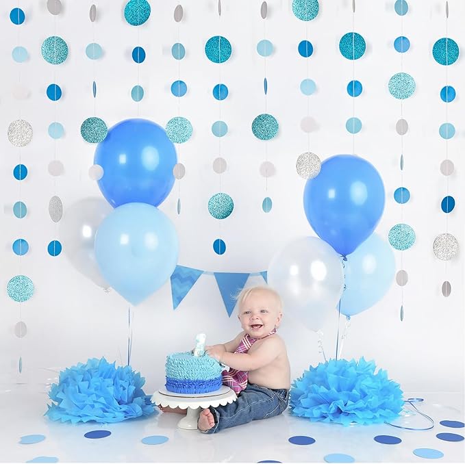 8 Pack Blue Glitter Dot Garland, Hanging Circle Streamers Banner, Backdrop - Image 2