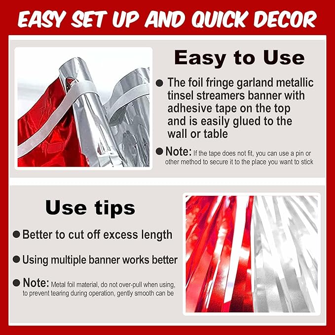6 Pack 10 Feet Red and Silver Tinsel Foil Fringe Garland, Metallic Streamers - Image 3
