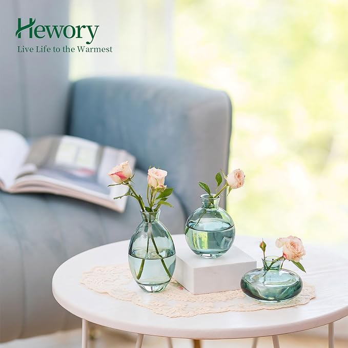 Glass Bud Vases Set of 3, Hewory Cute Green Small Vases Handmade, Mini Glass - Image 4