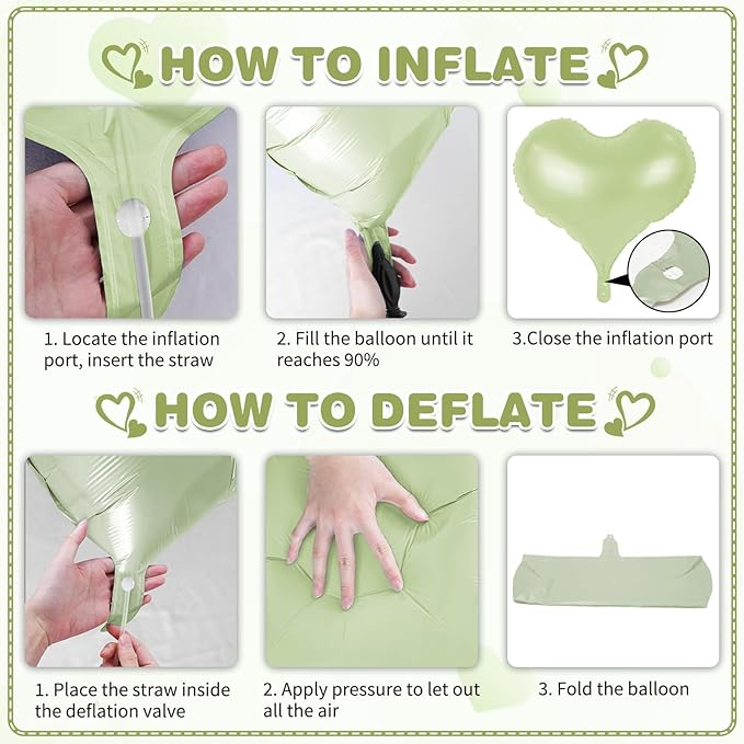 24 Inch Green and White Heart Balloons, Light Green Heart Shaped Foil Balloons - Image 3