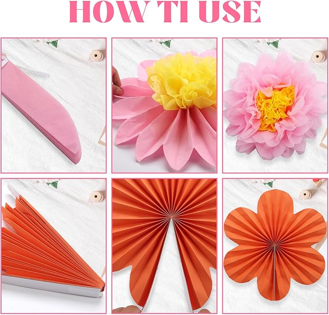 12PCS Paper Flowers Fans Orange and Hot Pink Party Decorations Tissue Paper - Image 3