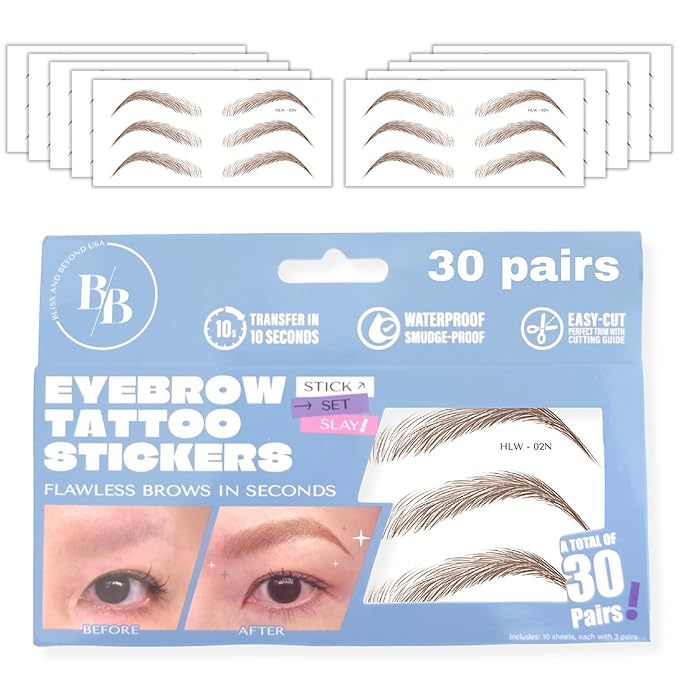 Bliss and Beyond USA Eyebrow Tattoo Stickers Waterproof – 30-Pair Deluxe Box | by BlissandBeyondUSA