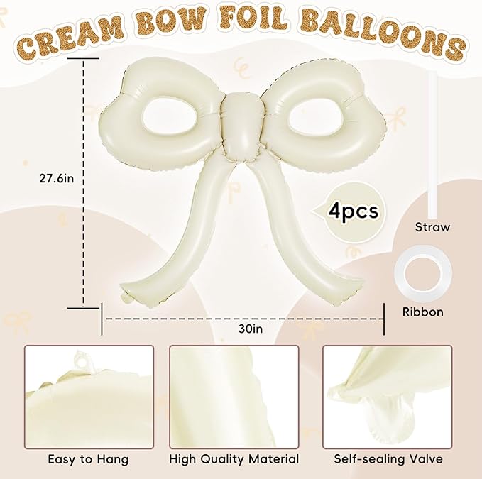 4 Pcs Bow Birthday Decorations Cream Bow Balloons - Image 2