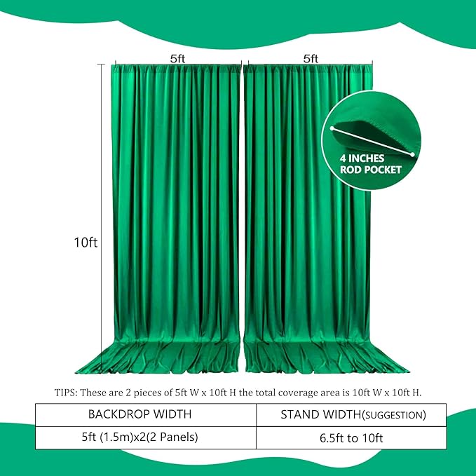 2 Panels Deep Green Backdrop Curtain, 10 x 10 Feet Background Curtains - Image 2
