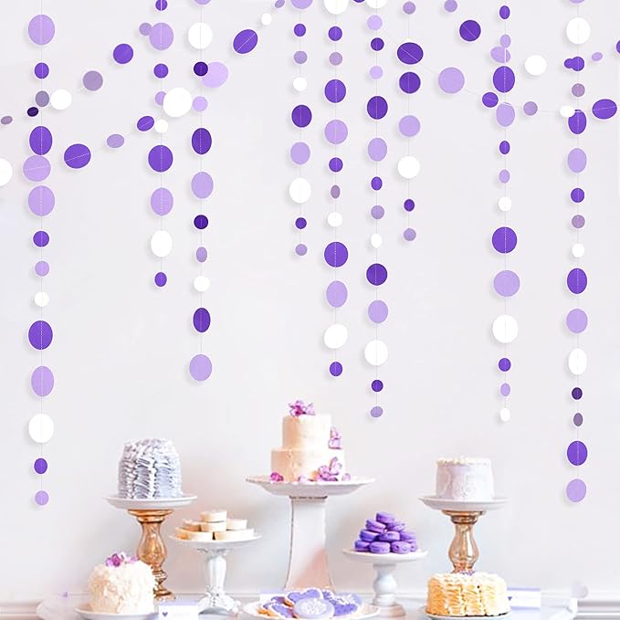 46 Ft Purple and White Circle Dots Garland Lavender Hanging Paper Polka Dot by pinkblume
