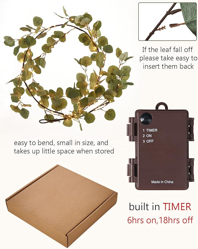 Fudios Lighted Twig Eucalyptus Garland 6FT 96 Warm White LED Battery Operated - Image 4