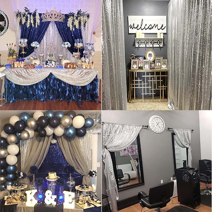Silver Sequin Backdrop Curtains 4FTx8FT 2 Panels Sparkle Backgound Drapes - Image 3
