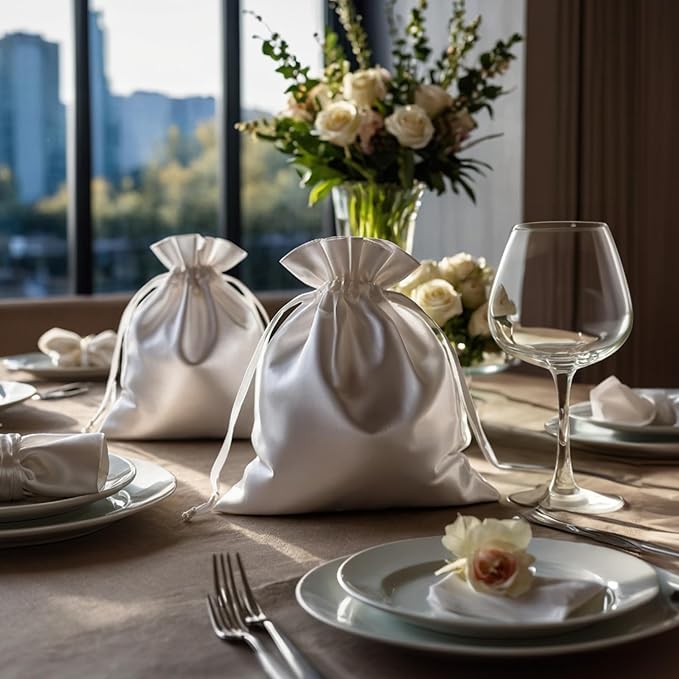 5" x 8" White Satin Gift Bags, Jewelry Bags, Wedding Favor Drawstring Baby - Image 4