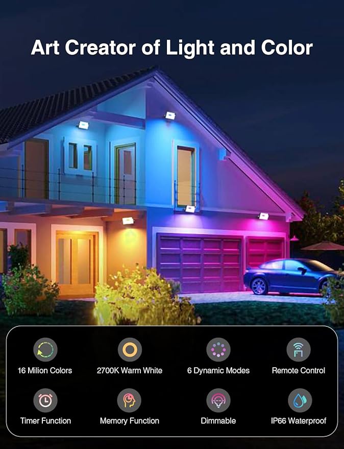Onforu 6 Pack RGB LED Flood Light Outdoor, 50W Color Changing Uplights - Image 2
