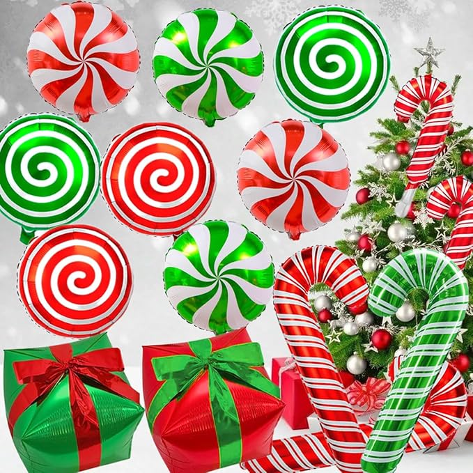 Christmas Cane Candy Balloons Red Green Candy Cane Gift Box Foil Balloons by Eostankr
