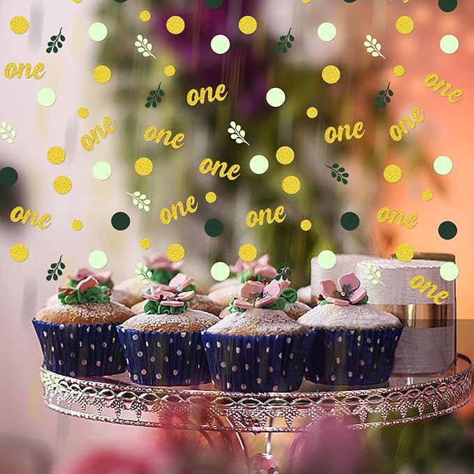 300PC Gold Glitter and Sage Green First Birthday Decorations - Image 5