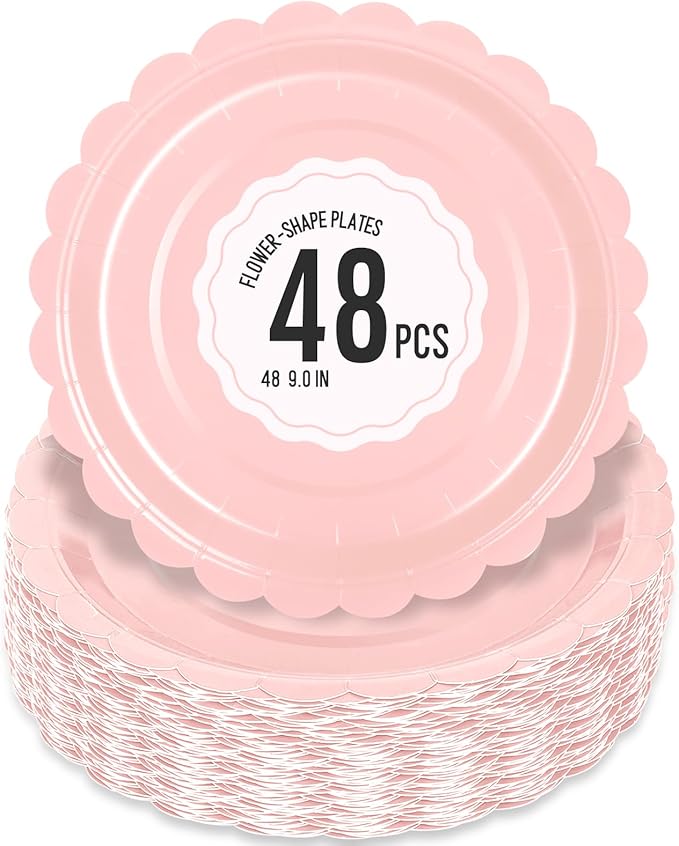 48 Pcs Pink Paper Plates 9 Inch Scalloped Dessert Plates by Polinook-TheAnswerToEveryClutteredSpace