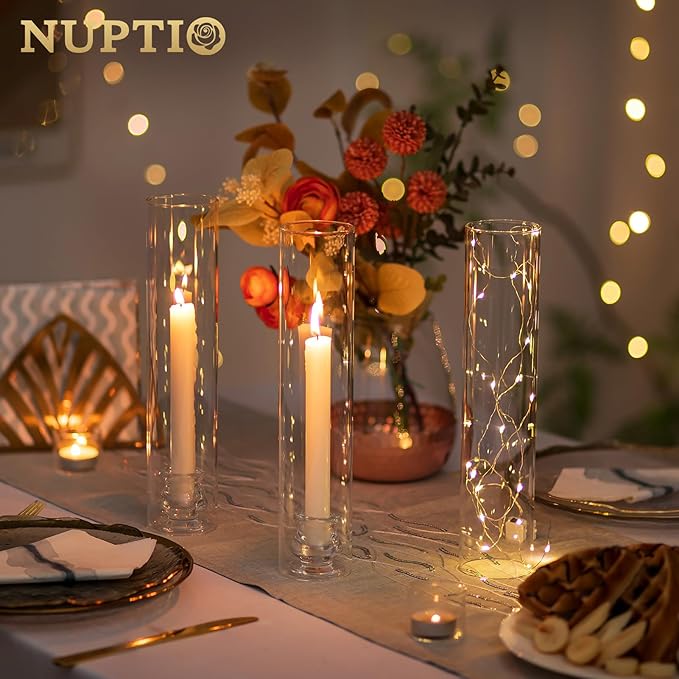 NUPTIO Candlestick Holder Bulk for Centerpiece: Set of 10 Hurricane Glass Taper - Image 3