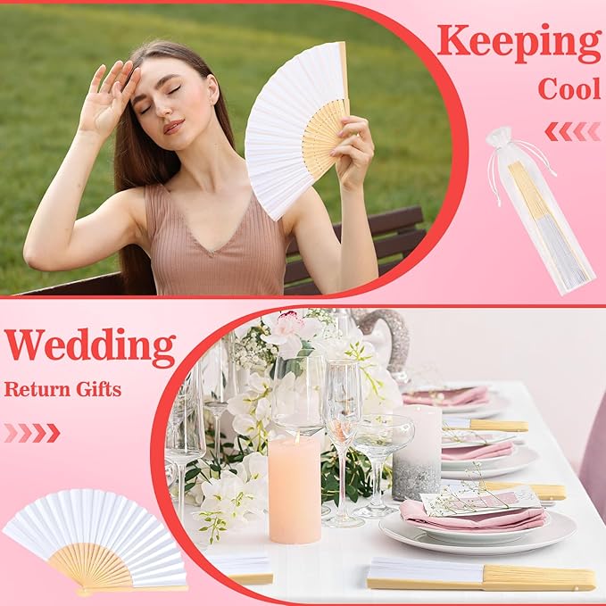 NEBURORA 12Pcs White Handheld Paper Fans 8.3 Inch Hand Held Bamboo Fans Foldable - Image 5